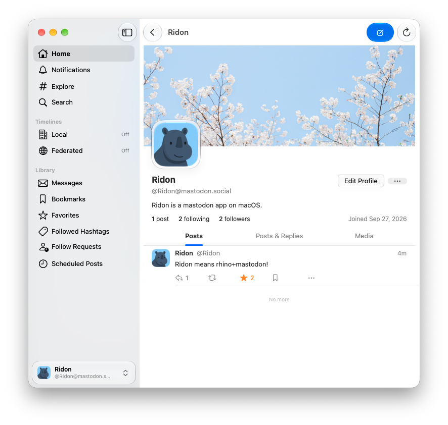 Ridon, a native Mastodon client for Mac, showing the home timeline and a profile